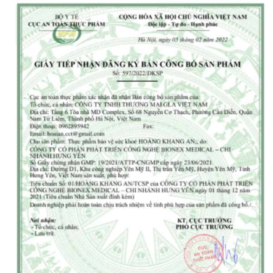 giấy công bố sản phẩm Hoàng Khang An