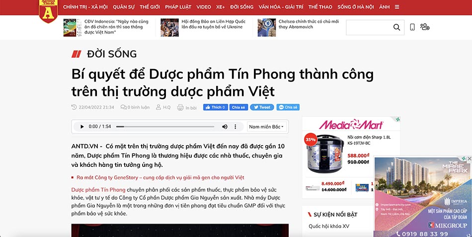 Báo An Ninh Thủ Đô đăng tải bài viết chia sẻ Bí quyết để Dược phẩm Tín Phong thành công trên thị trường dược phẩm Việt: