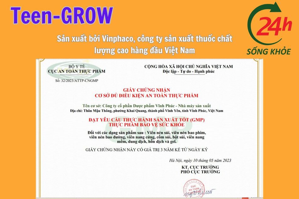 Viên uống Teen - Grow được sản xuất bởi công ty cổ phần dược phẩm Vĩnh Phúc - đạt tiêu chuẩn GMP