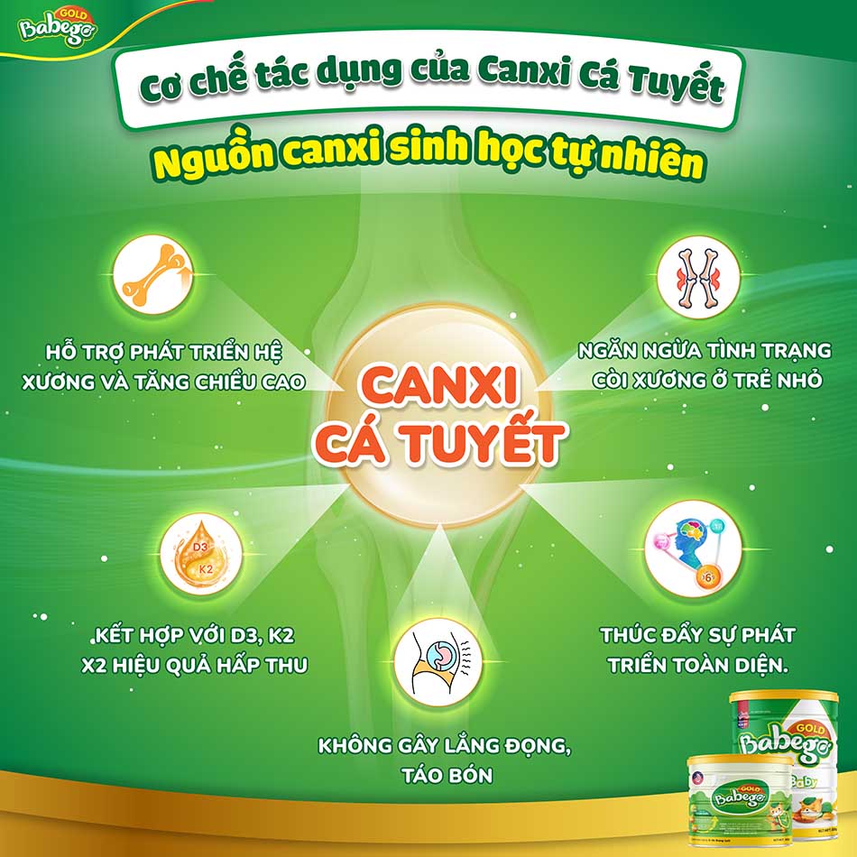 Cơ chế tác dụng của Canxi Cá Tuyết trong sữa Babego Gold 