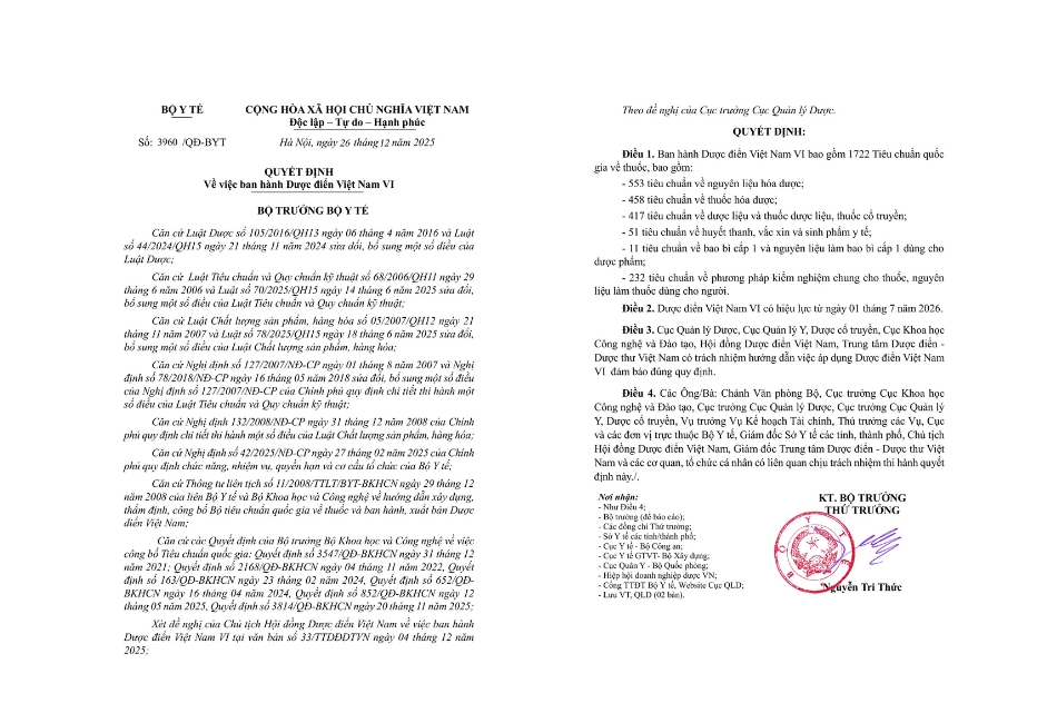 Quyết định về việc ban hành Dược điển Việt Nam VI của Bộ Y tế